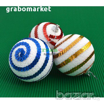 Комплект от 6 бр. цветни топки за елха. Изработени от PVC материал, стиропор и пайети. Диаметър: 7см, снимка 3 - Декорация за дома - 16202605