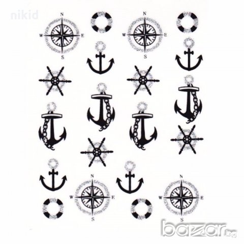 7015 черни котви компас татос ваденки водни стикери за нокти маникюр, снимка 2 - Продукти за маникюр - 19049503