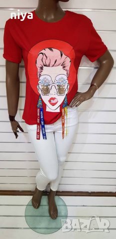 Тениска със перли и ленти в червен цвят , снимка 3 - Тениски - 25653055