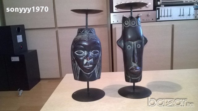 Африкански свещници-2бр дърво/метал 28х10см-внос швеицария, снимка 3 - Антикварни и старинни предмети - 17808651