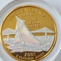 State Quarter GOLDEN PLATED 25 cents RHODE ISLAND 1790 ot 2001, снимка 3 - Нумизматика и бонистика - 19324382