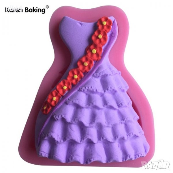 Дамска рокля с ивица от цветя и воали силиконов молд форма за украса торта с фондан, снимка 1