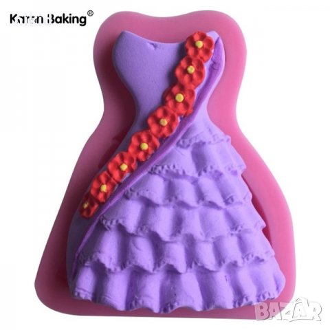 Дамска рокля с ивица от цветя и воали силиконов молд форма за украса торта с фондан