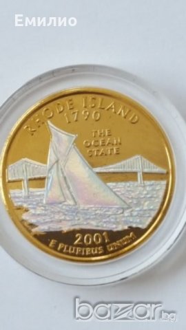 State Quarter GOLDEN PLATED 25 cents RHODE ISLAND 1790 ot 2001, снимка 3 - Нумизматика и бонистика - 19324382