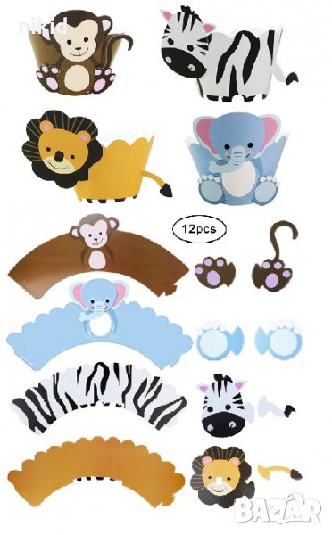  Диви животни 12 бр топера топери и кошнички украса декорация за мъфини кексчета торта и парти, снимка 1