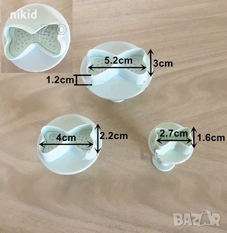 3 размера панделка папионка на точки релефни пластмасови форми резци с бутало за фондан тесто украса, снимка 1