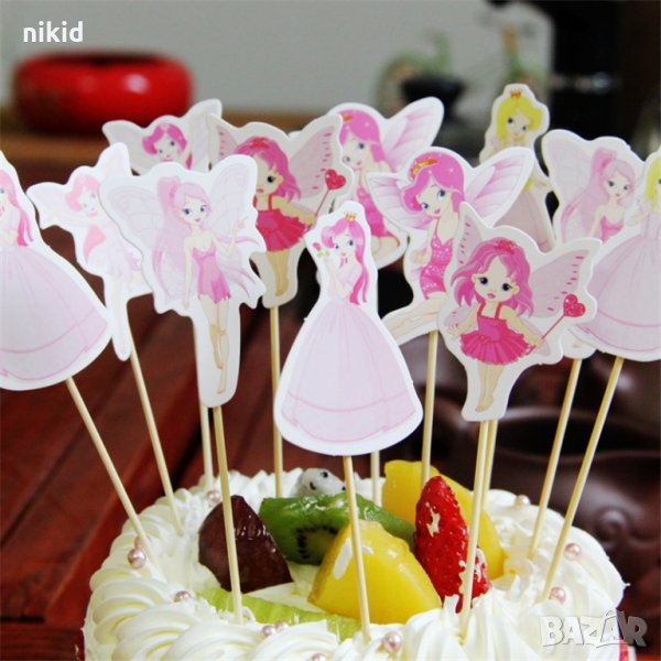 12 бр Розови феи фея принцеси топер топери клечки украса декор торта мъфини, снимка 1