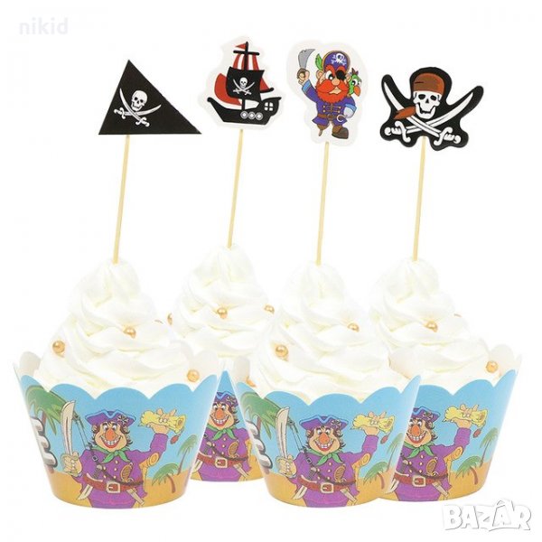 Пират Пирати Пиратско парти 12 бр топера топери и кошнички украса декорация за мъфини кексчета, снимка 1