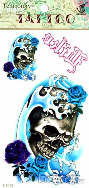 временна татуировка с черен череп и сини рози, снимка 1