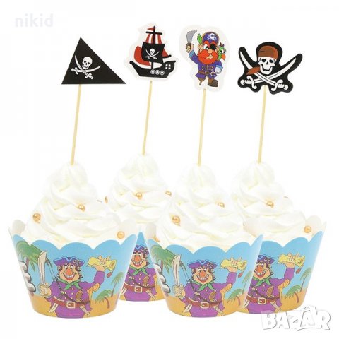 Пират Пирати Пиратско парти 12 бр топера топери и кошнички украса декорация за мъфини кексчета