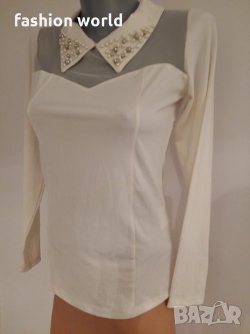 Блуза с яка от перли бяла, снимка 3 - Блузи с дълъг ръкав и пуловери - 23366520