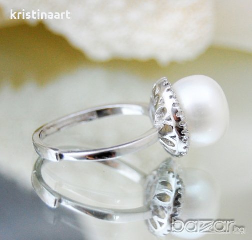 Сребърен безразмерен пръстен с естествена перла , снимка 1 - Пръстени - 20549287