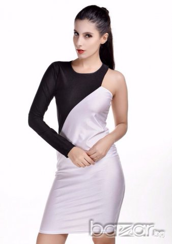 Рокля с един ръкав - черно и бяло, снимка 1