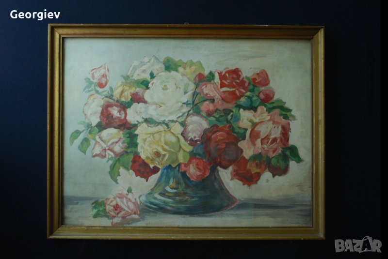 Стара картина,ваза с цветя, български автор, 1950-те год., снимка 1