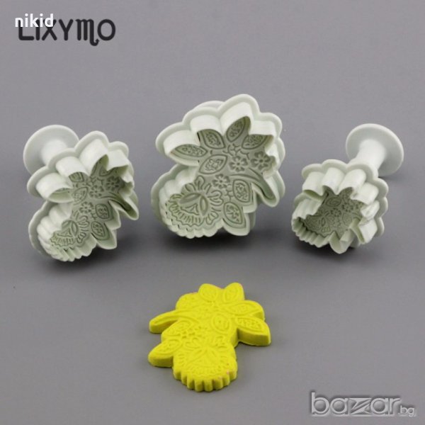 3 бр Декорирани дантелени цветя и листа резци с бутало и релеф форми декорация фондан торта сладки, снимка 1