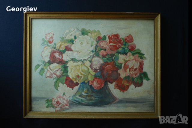 Стара картина,ваза с цветя, български автор, 1950-те год.