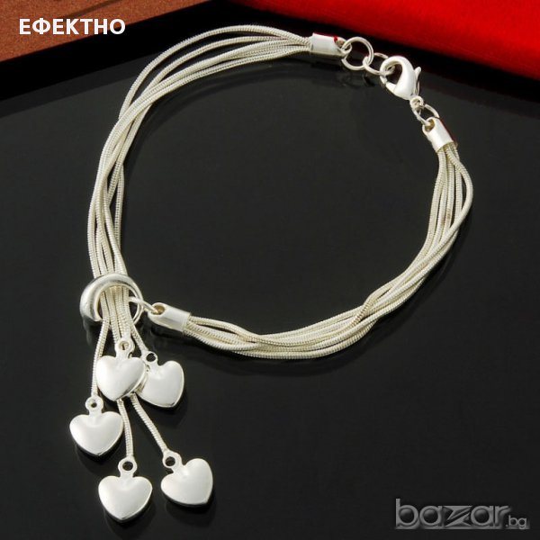 Дамска, сребърна гривна с 5 сърца, снимка 1