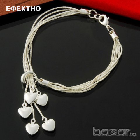 Дамска, сребърна гривна с 5 сърца