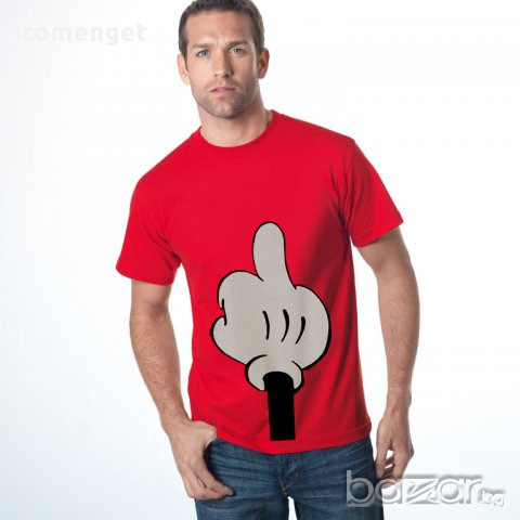 Промо! Мъжка тениска MICKEY MOUSE MIDDLE FINGER с дизайнерски принт! Поръчай модел с ТВОЯ идея!, снимка 1 - Тениски - 10805061