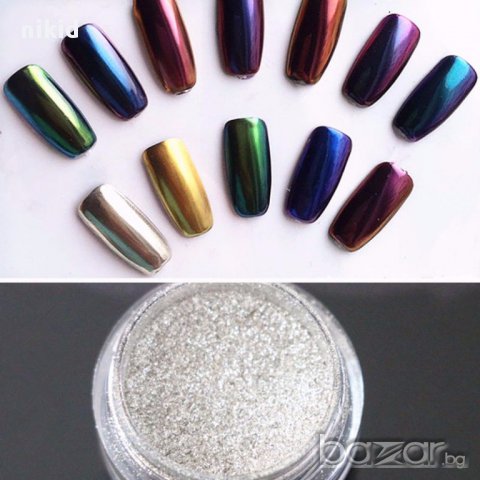 ХИТ !!  цветен прах за нокти пудра  за UV огледален хромиран  ефект блясък пигмент маникюр, снимка 2 - Декоративна козметика - 15360330