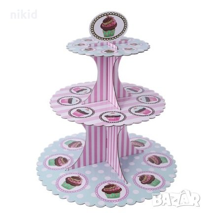 синьо - зелен и розов фон на точки 3 етажна Триетажна поставка стойка за мъфини кексчета картонена