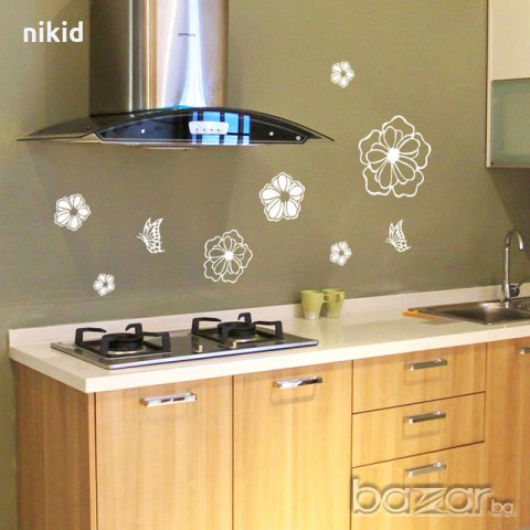 стикер на цветя в черно  - бяло за мебел техника кухня стена самозалепващ, снимка 1 - Декорация за дома - 21108398