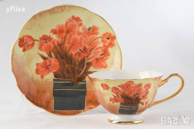 Костен порцелан за кафе и чай с цветя - красиви лалета, снимка 1 - Подаръци за рожден ден - 20880511