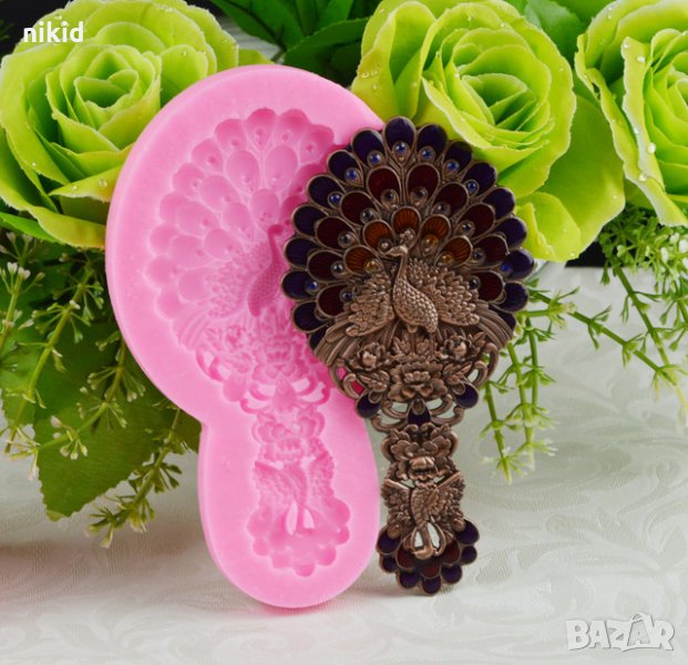 Разперен паун опашка на стойка силиконов молд форма декор украса торта фондан, снимка 1