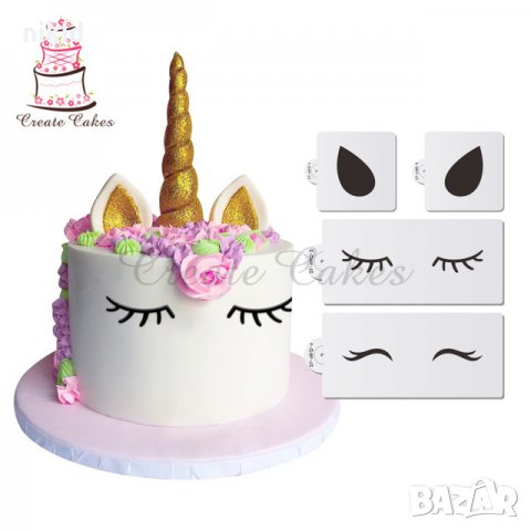 сет Unicorn Еднорог уши мигли очи шаблон стенсил за торта украса кекс декорация с пудра захар