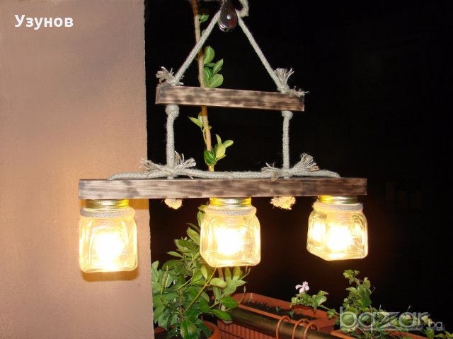 Уникална, ръчно изработена дървена битова лампа (осветително тяло от дърво)- ретро / винтидж стил, снимка 2 - Лампи за таван - 19120923