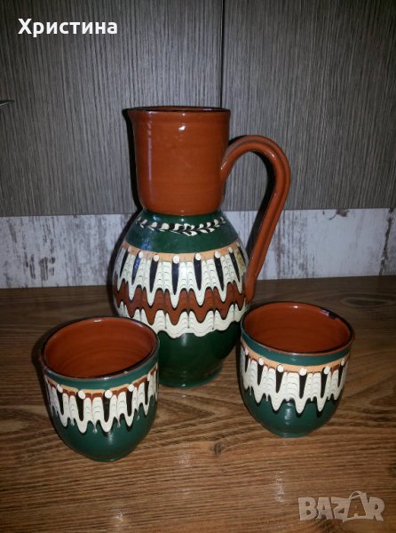 Битова керамична кана и две чаши, снимка 1