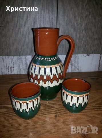 Битова керамична кана и две чаши, снимка 1