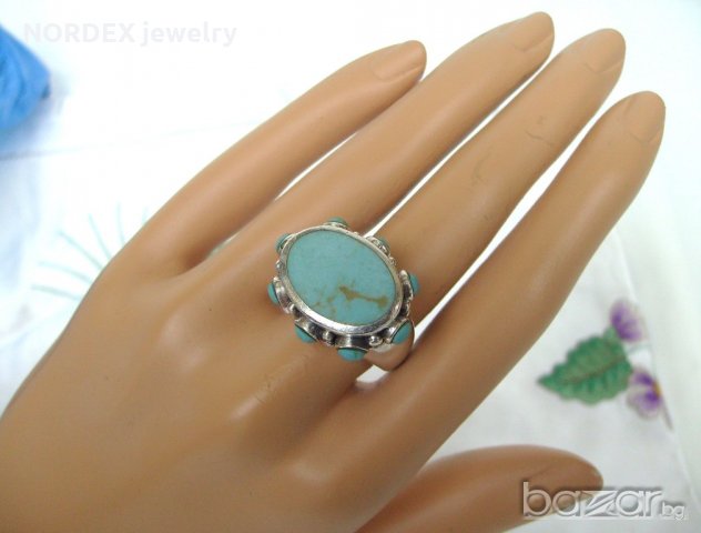 Прекрасен Овален Сребърен Пръстен с Естествени Тюркоази, снимка 10 - Пръстени - 21384212