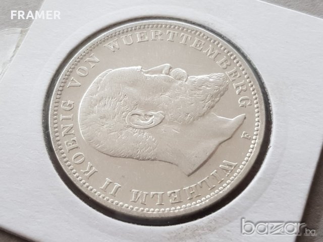 3 марки 1909 F Вюртемберг Германия Рядка Сребърна монета, снимка 5 - Нумизматика и бонистика - 20740368