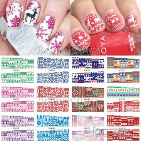 12 в 1 сет зимно каре и елени голям лист татос водни стикери маникюр нокти декорация