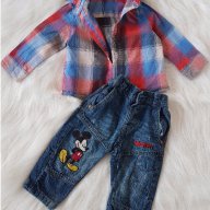 Карирана риза и дънки Мики Маус 9-12 месеца , снимка 1 - Комплекти за бебе - 17482594