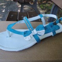 Нови кокетни синьо-бели кожени дамски сандали / летни обувки "Free Sun", естествена кожа, чехли, снимка 12 - Сандали - 18759237