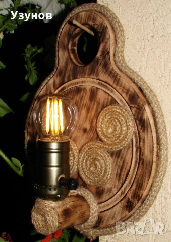 Уникална, ръчно изработена дървена битова стенна лампа Гайтан за механа в битов/винтидж стил, снимка 2 - Лампи за стена - 22108824