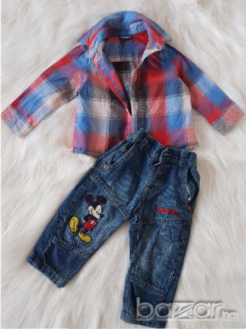 Карирана риза и дънки Мики Маус 9-12 месеца , снимка 1 - Комплекти за бебе - 17482594