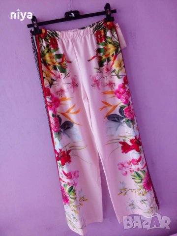 Сатенен панталон със флорални мотиви в бледо розов цвят, снимка 8 - Панталони - 25642902