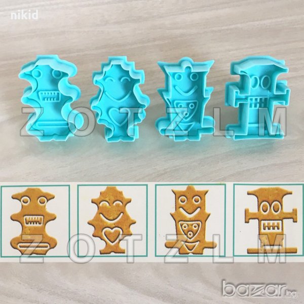 4 бр роботи пластмасови резци с бутало и релеф форми за бисквитки фондан тесто украса сладки бисквит, снимка 1