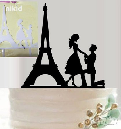 Айфелова кула и Младоженци черен бял пластмасов топер украса за сватба сватбена торта, снимка 1