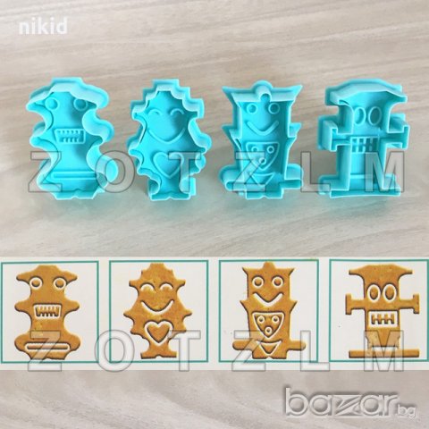 4 бр роботи пластмасови резци с бутало и релеф форми за бисквитки фондан тесто украса сладки бисквит