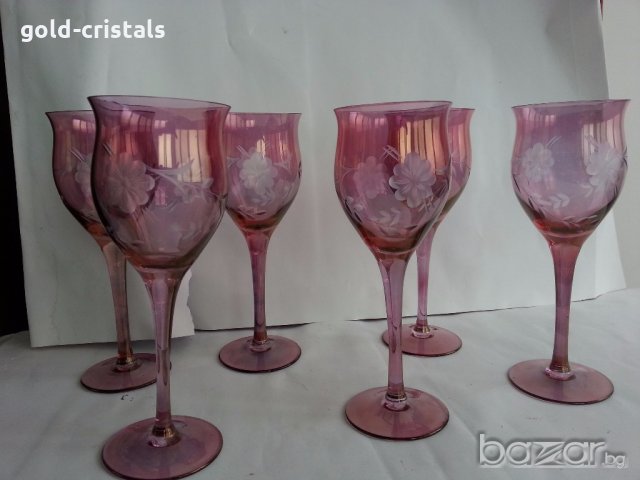  кристални чаши  цветен кристал гравиран, снимка 10 - Антикварни и старинни предмети - 20061877