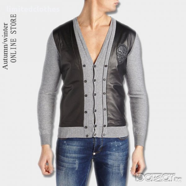 PHILIPP PLEIN GREY LEATHER SKULL Мъжка Жилетка тип Пуловер size M, снимка 1