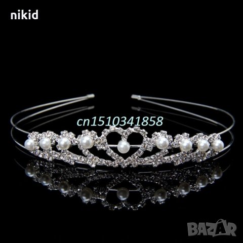 Корона диадема сребриста сърце с перлички детска дамска