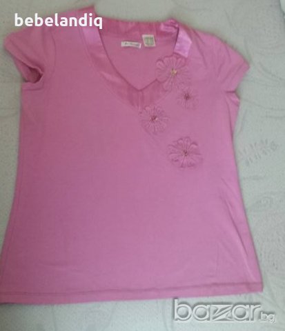 розова блузка със сатенено бие и 3-Д цвятя- XL, снимка 1 - Тениски - 18777283