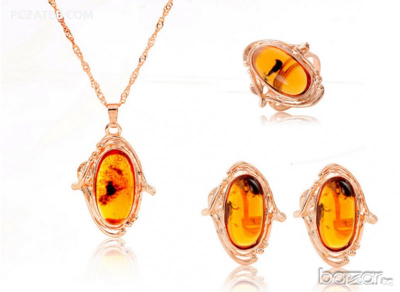 Комплект колие, обеци и пръстен "Кехлибар", снимка 1