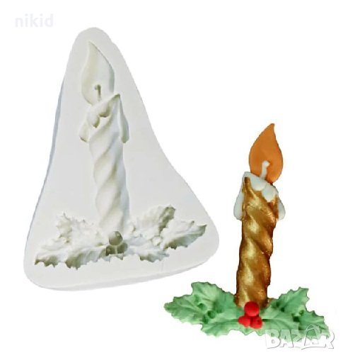 Коледна свещ с имели силиконов молд форма декорация торта фондан шоколад украса, снимка 1