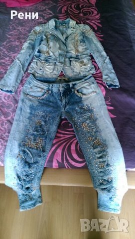 Дамски дънков супер секси костюм с камъчета , снимка 4 - Дънки - 21519285